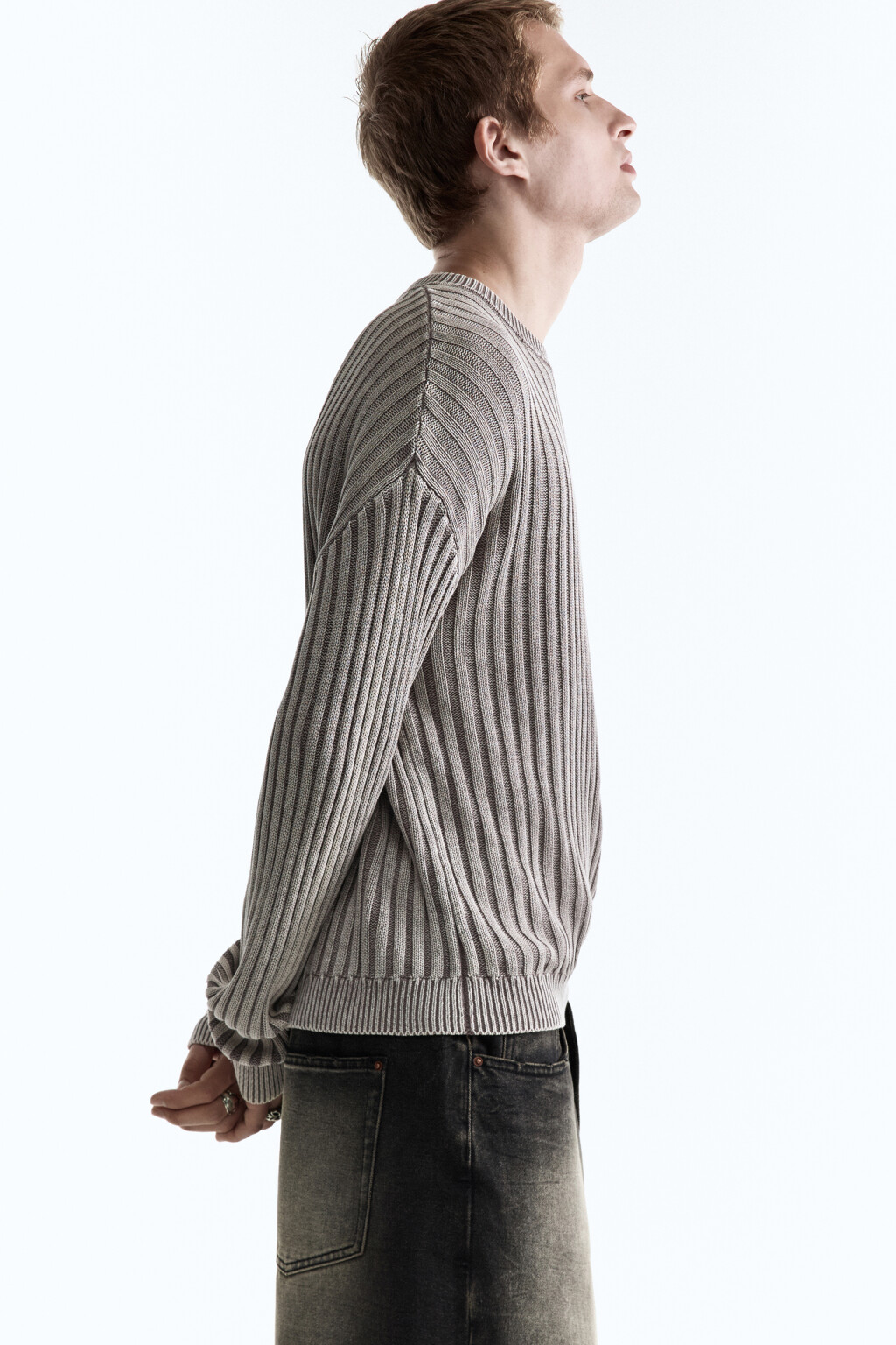 Джемпер вязаный свободный из хлопковой пряжи - цвет серый - 1