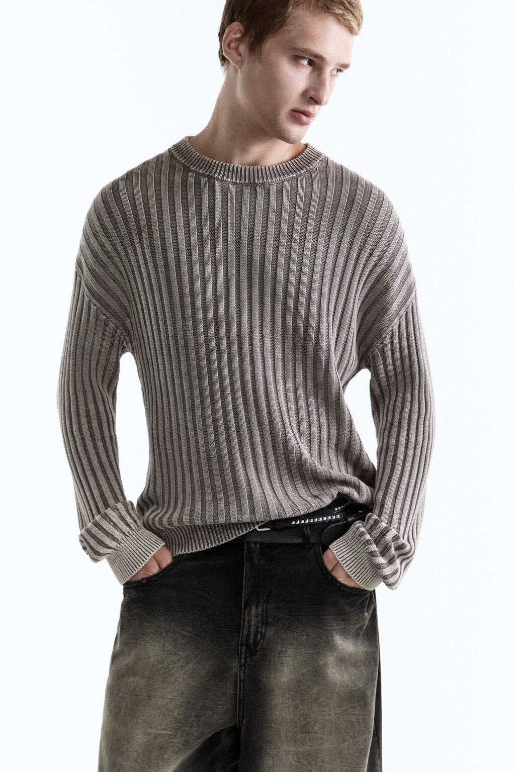 Джемпер вязаный свободный из хлопковой пряжи - цвет серый - 2