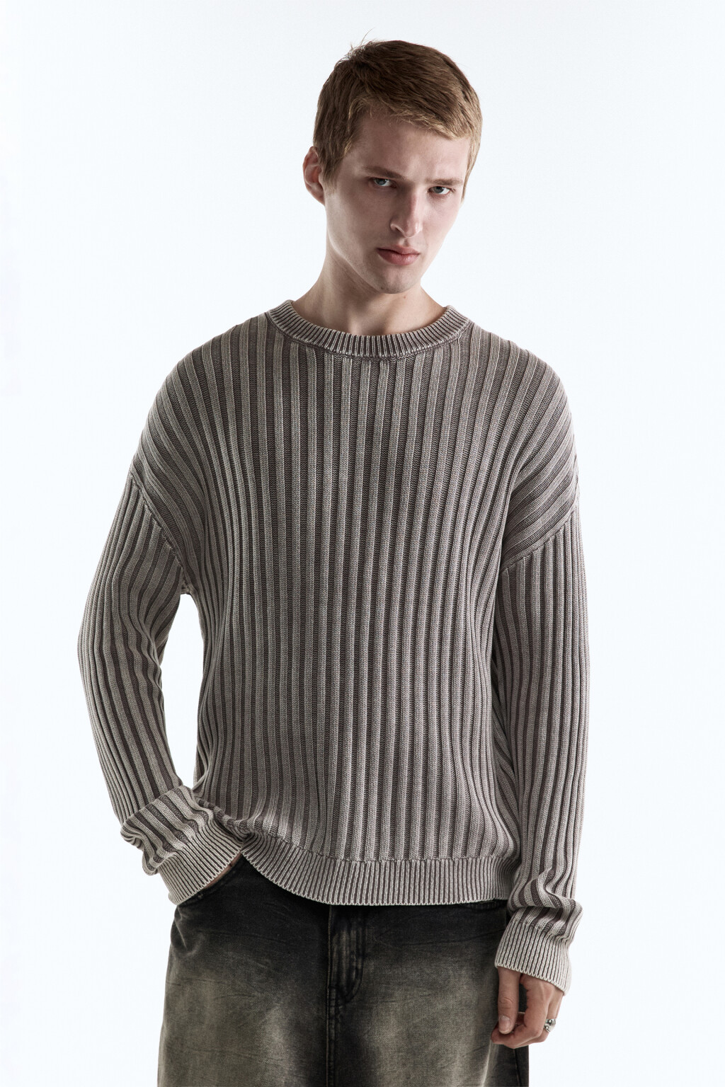 Джемпер вязаный свободный из хлопковой пряжи - цвет серый - 3