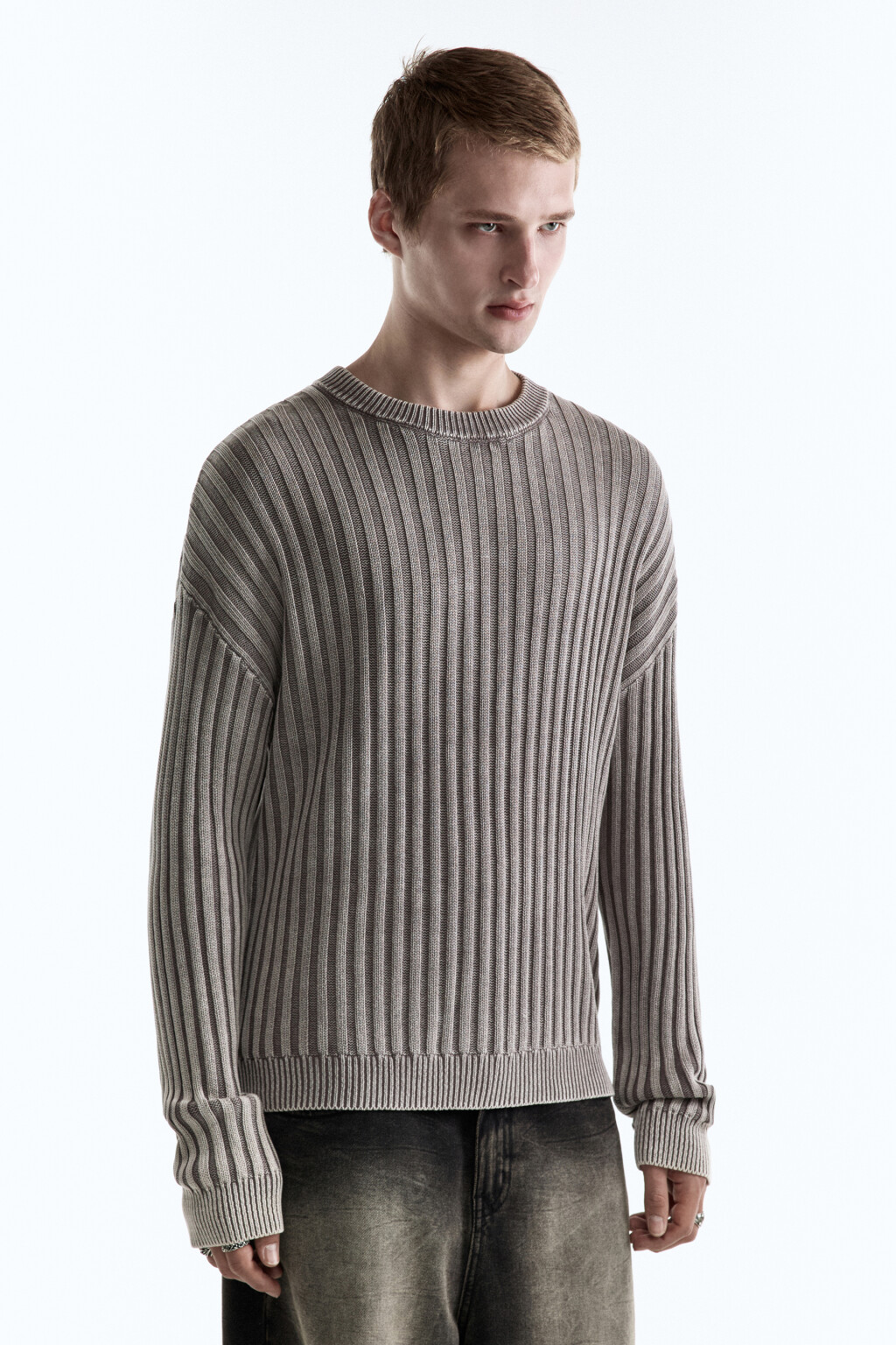 Джемпер вязаный свободный из хлопковой пряжи - цвет серый - 4