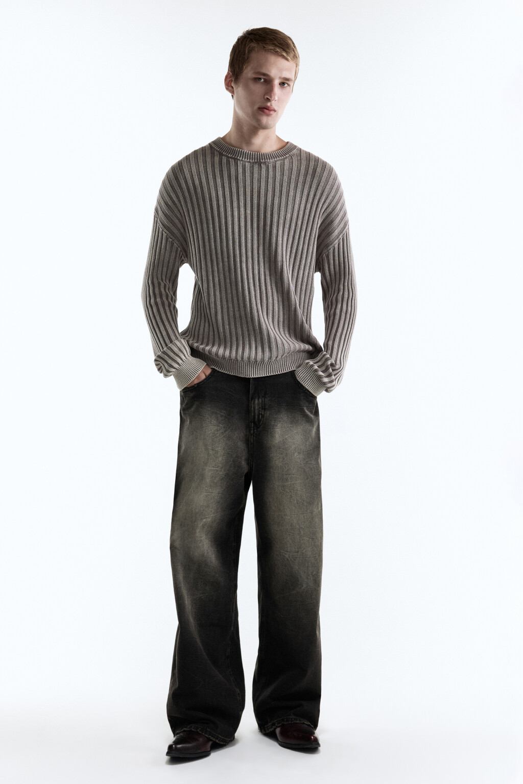 Джемпер вязаный свободный из хлопковой пряжи - цвет серый - 6