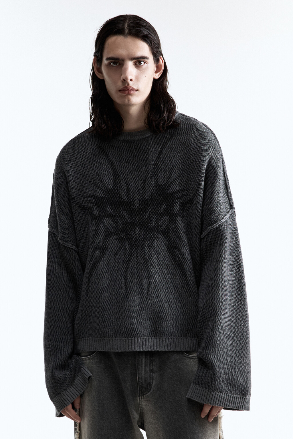 Джемпер вязаный свободный в стиле гранж - цвет серый - 2