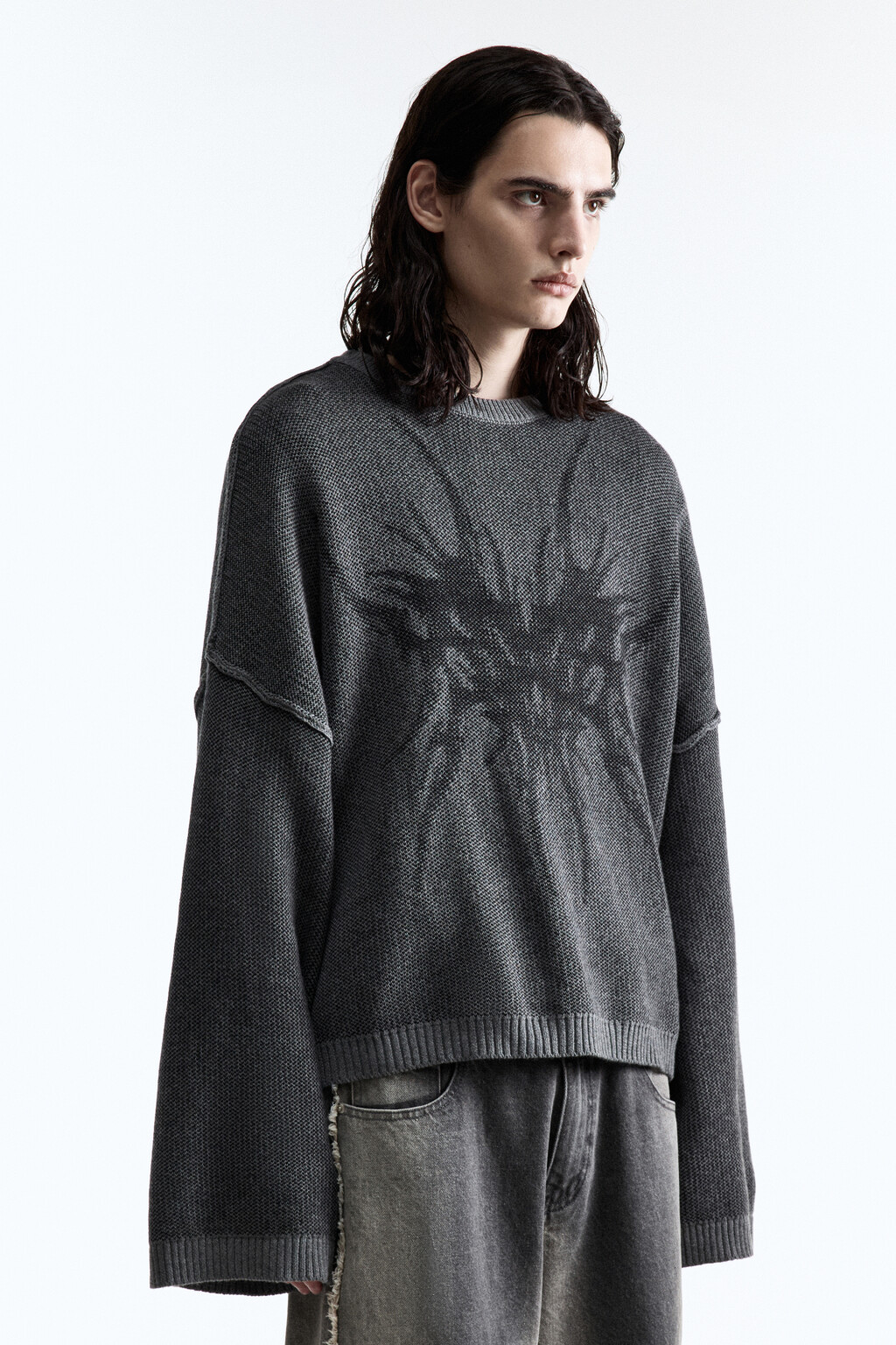 Джемпер вязаный свободный в стиле гранж - цвет серый - 3