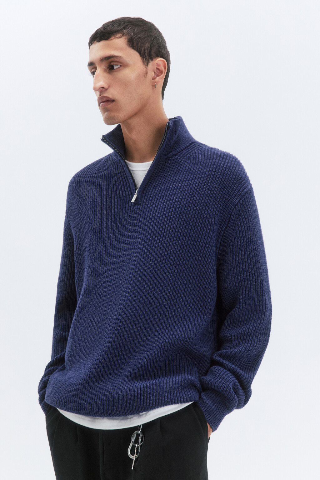 Свитер half-zip вязаный с воротником-стойкой - цвет голубой - 3