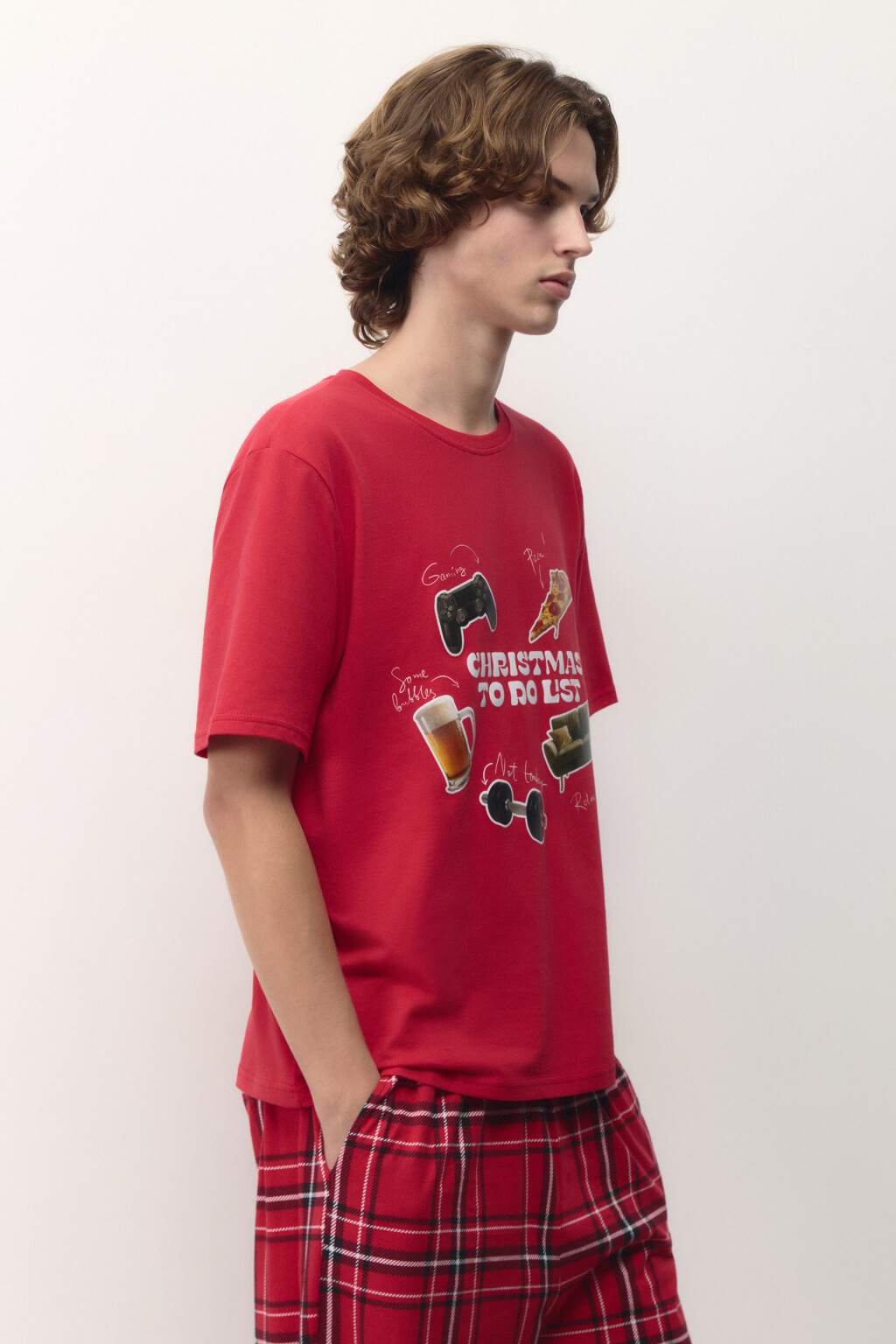 Футболка хлопковая с новогодним принтом - цвет красный - 3