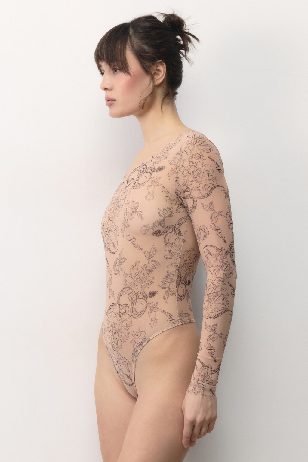 Боди-лонгслив из сетки с принтом - цвет бежевый - 3
