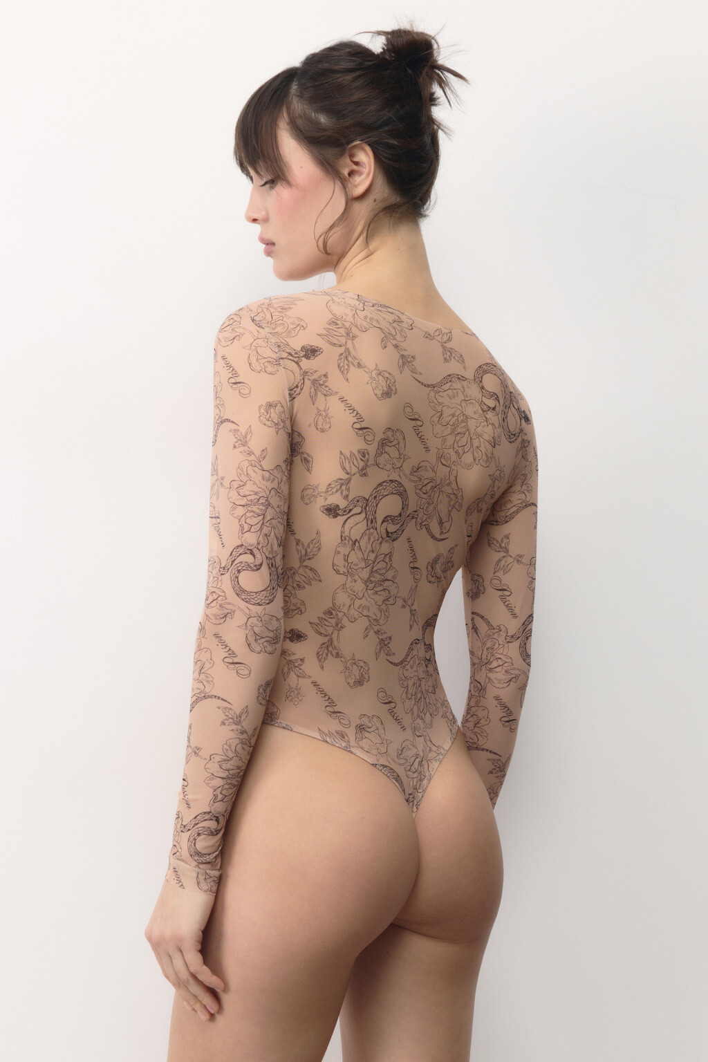Боди-лонгслив из сетки с принтом - цвет бежевый - 4