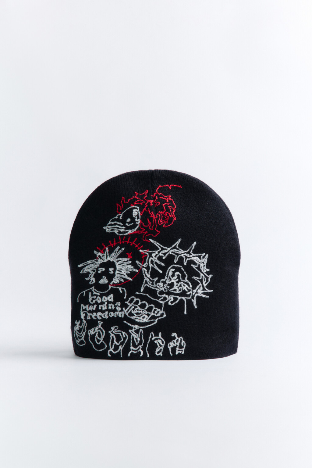 Шапка-бини с вышитым принтом - цвет черный - 1