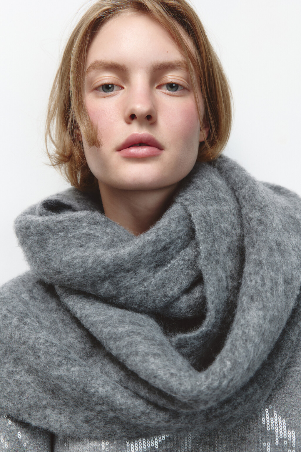 Шарф теплый вязаный с шерстью - цвет серый - 1