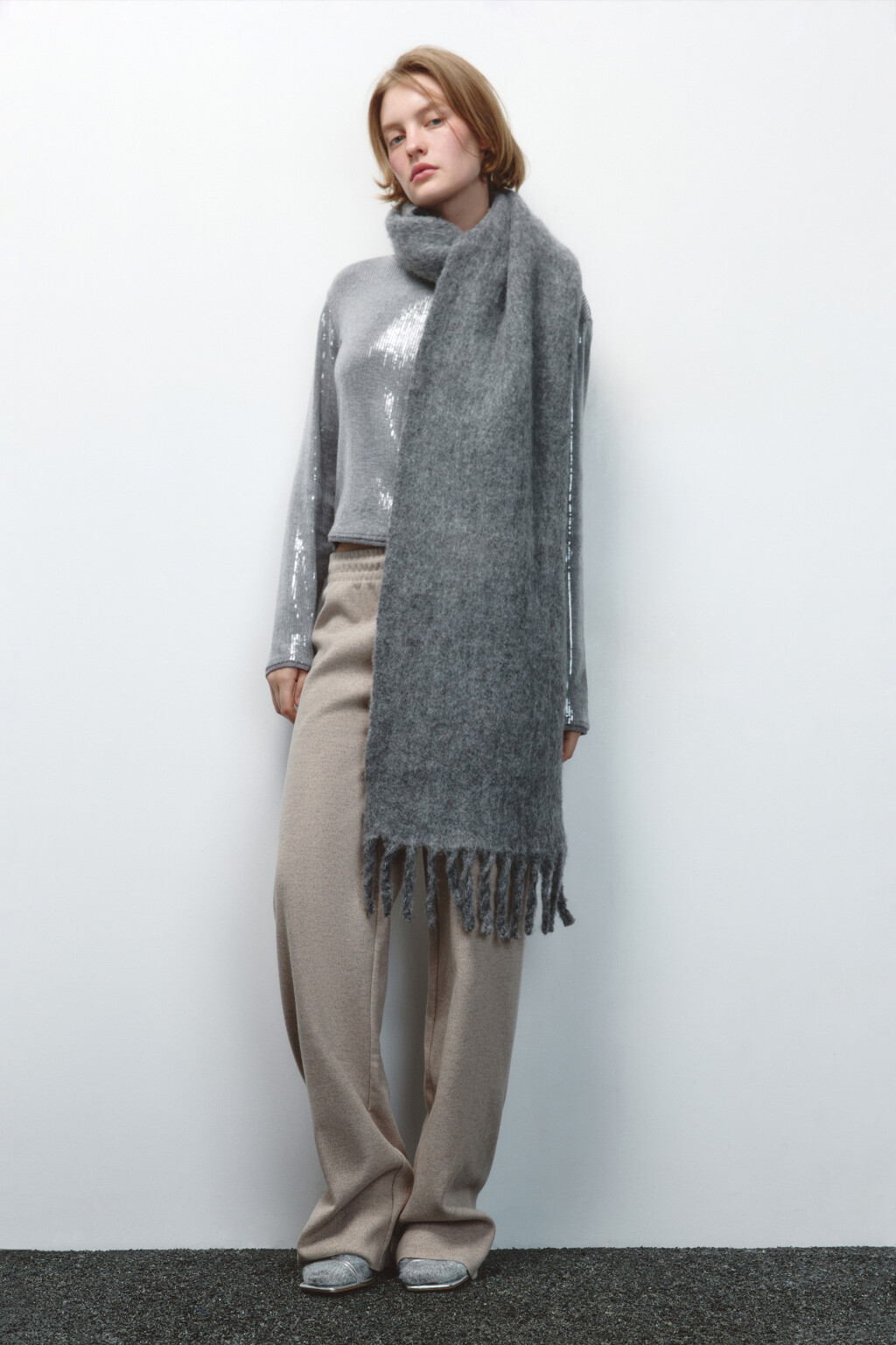 Шарф теплый вязаный с шерстью - цвет серый - 2
