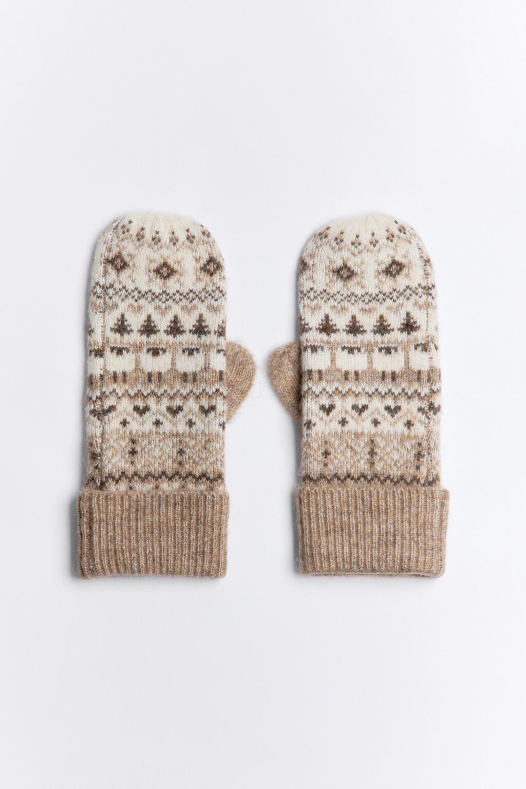 Варежки вязаные с шерстью и принтом - цвет бежевый - 1