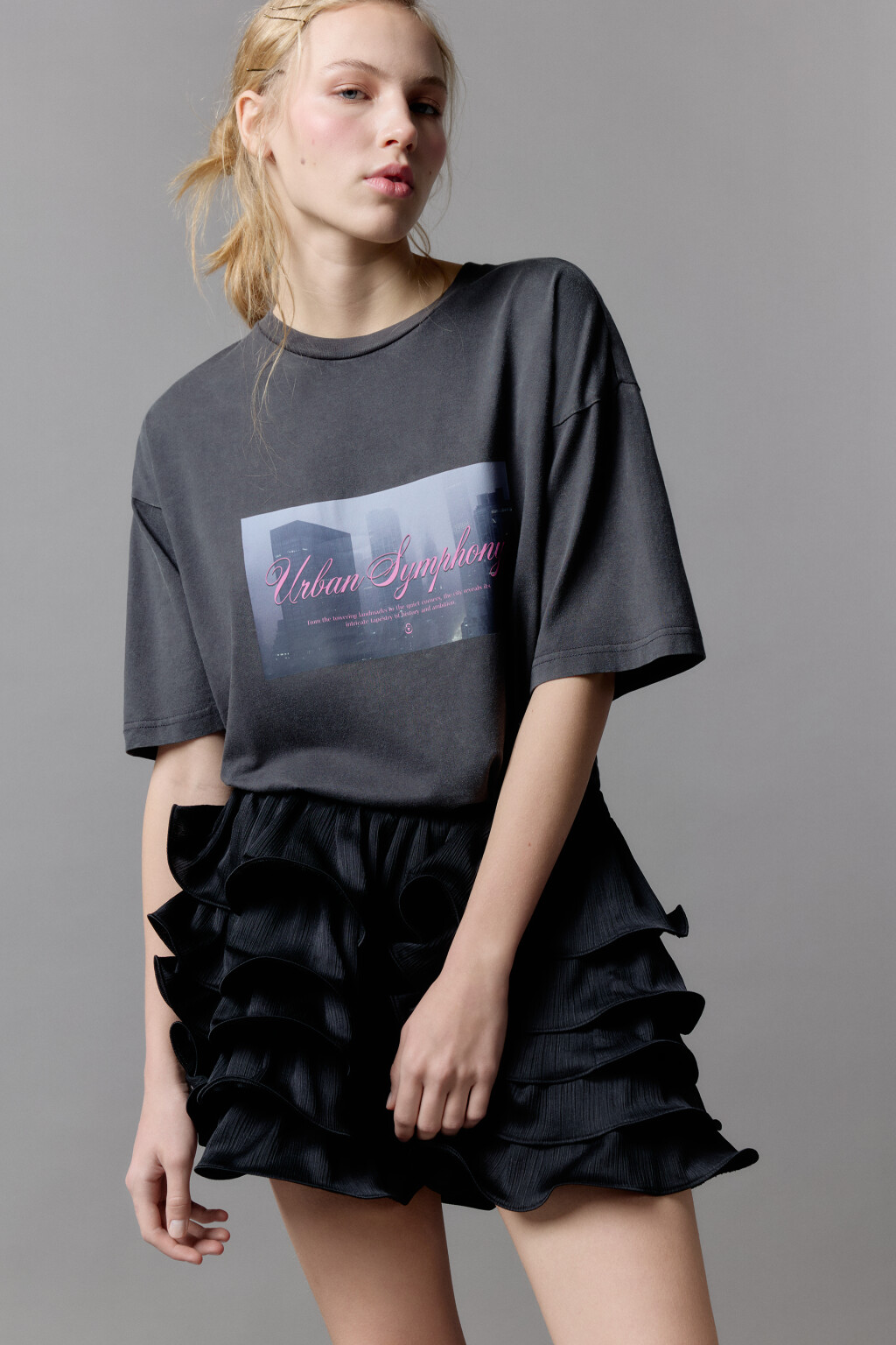 Футболка oversize хлопковая с принтом - цвет серый - 1