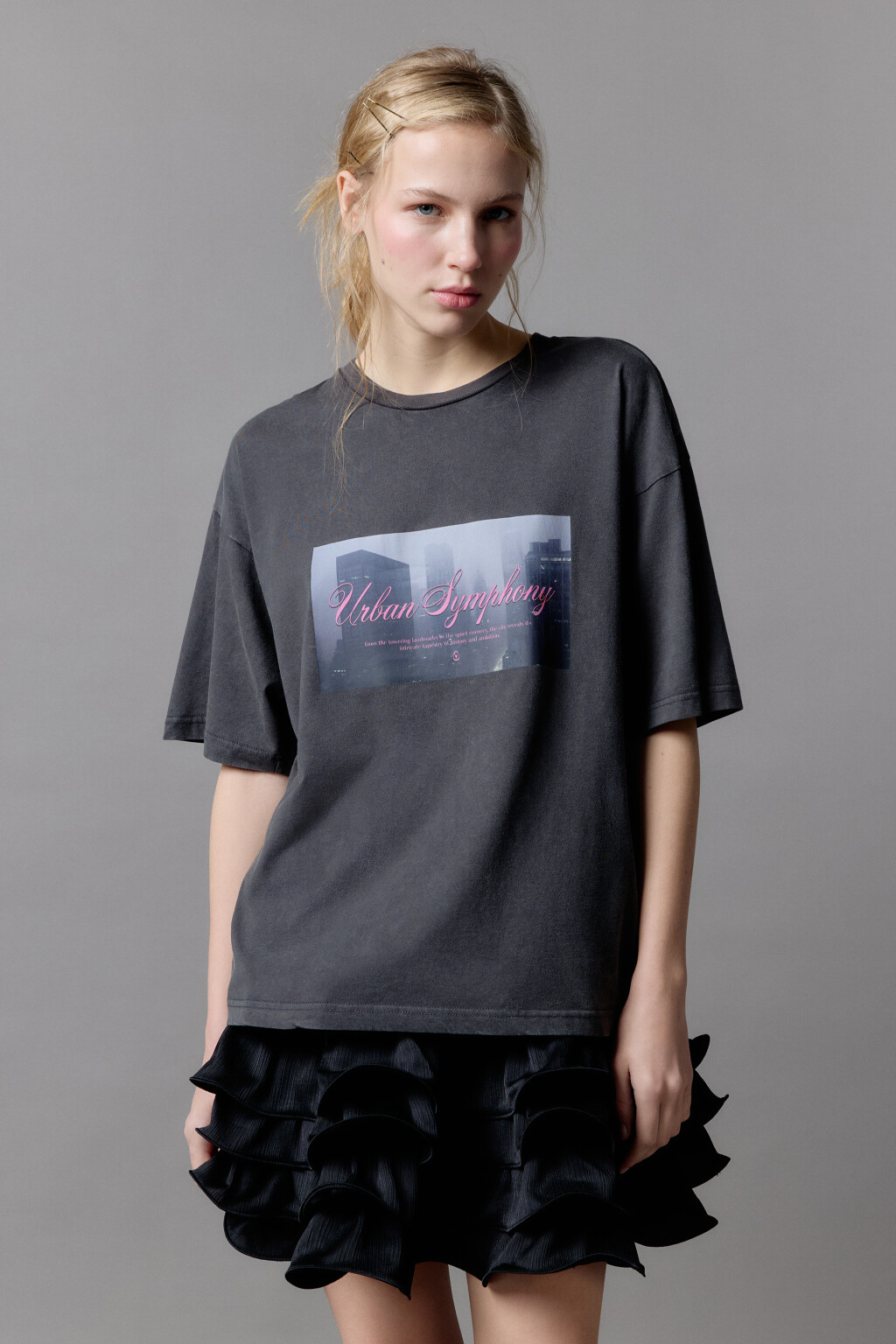 Футболка oversize хлопковая с принтом - цвет серый - 2