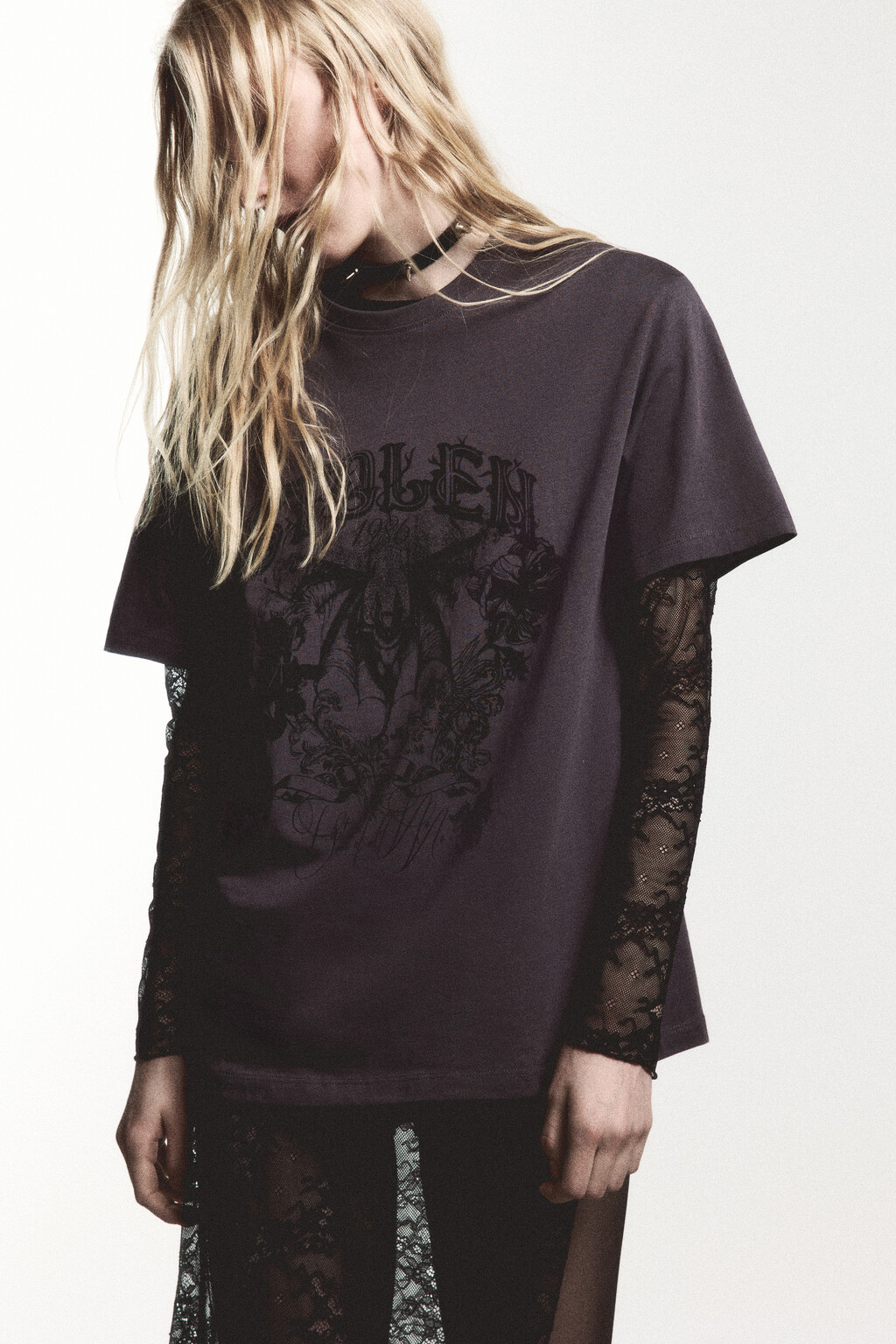 Футболка с вареным эффектом и принтом - цвет серый - 1