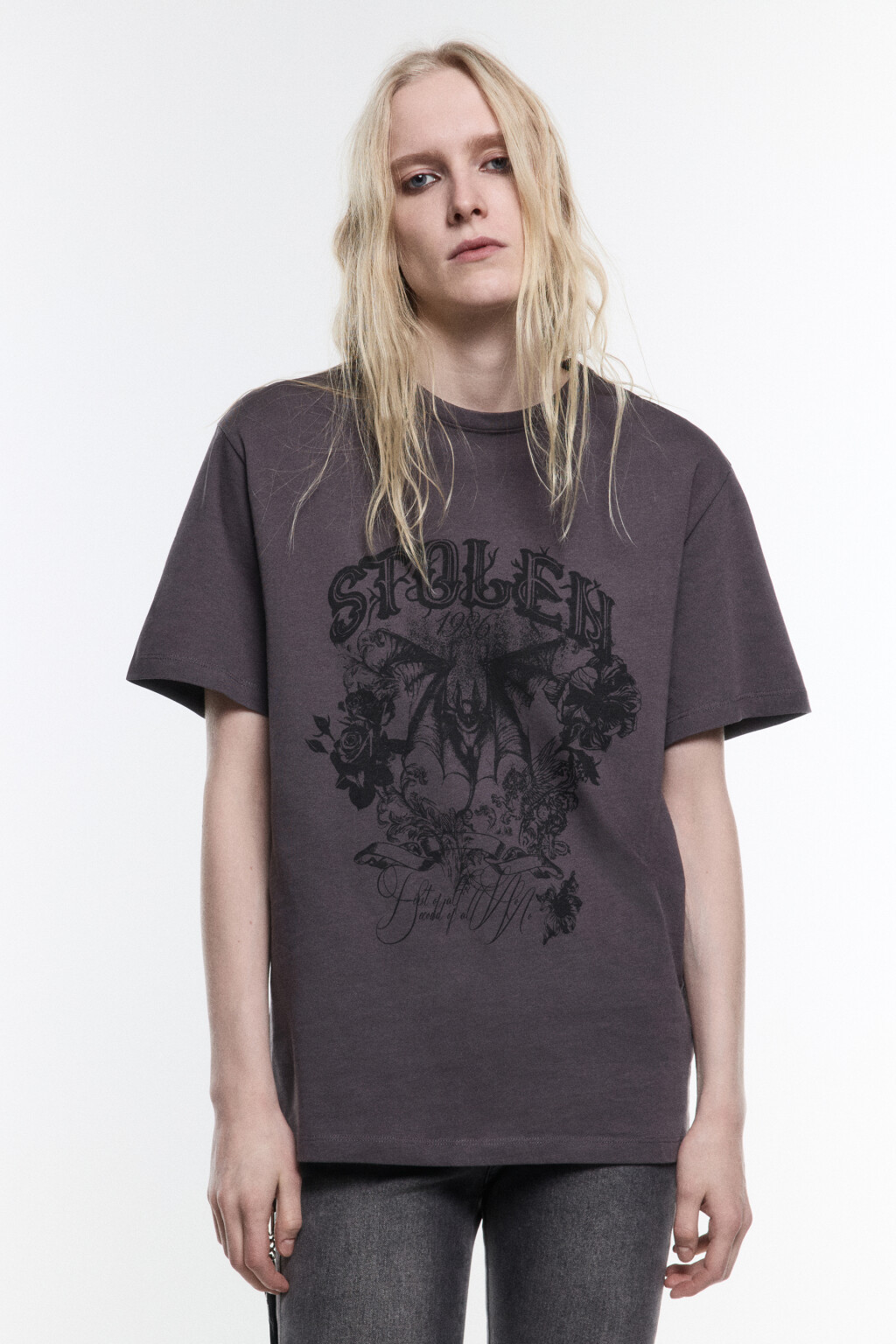 Футболка с вареным эффектом и принтом - цвет серый - 2