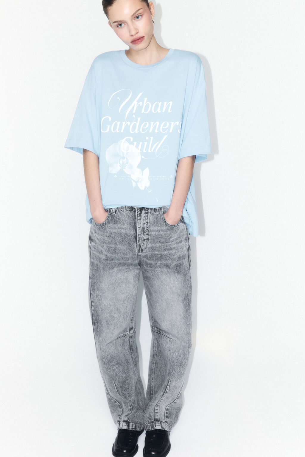 Футболка прямая хлопковая с принтом-надписью - цвет голубой - 1