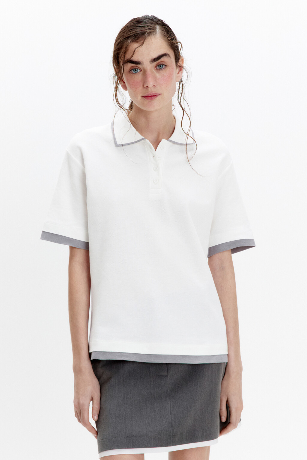 Футболка-поло хлопковая с застежкой на груди - цвет белый - 2