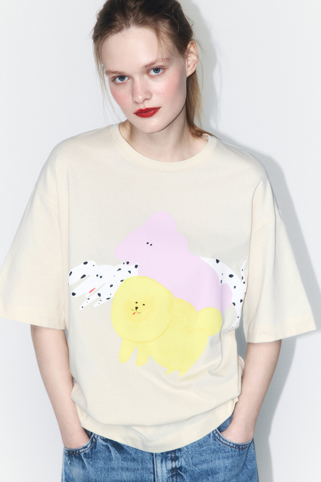 Футболка свободная хлопковая с принтом - цвет бежевый - 1