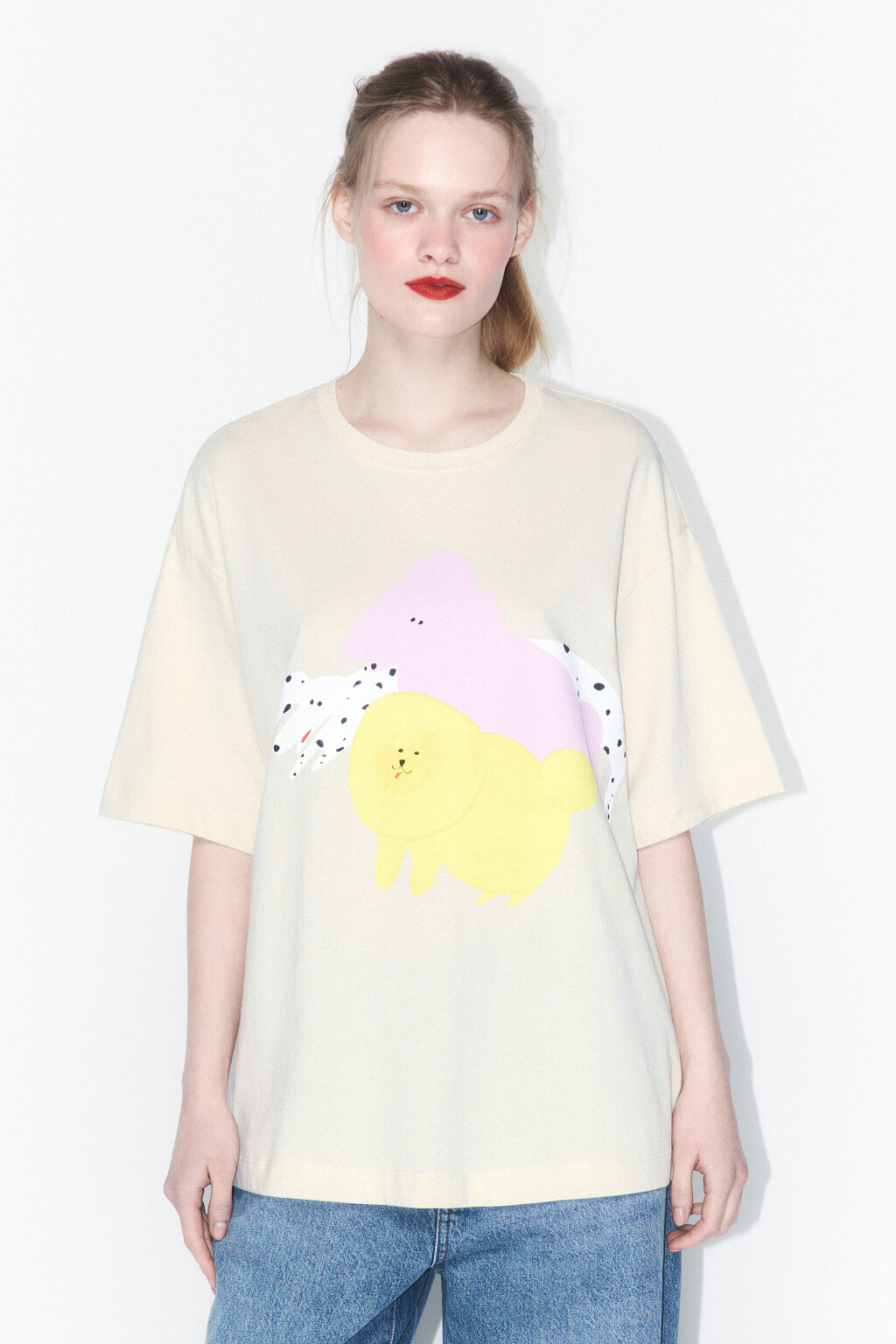 Футболка свободная хлопковая с принтом - цвет бежевый - 2