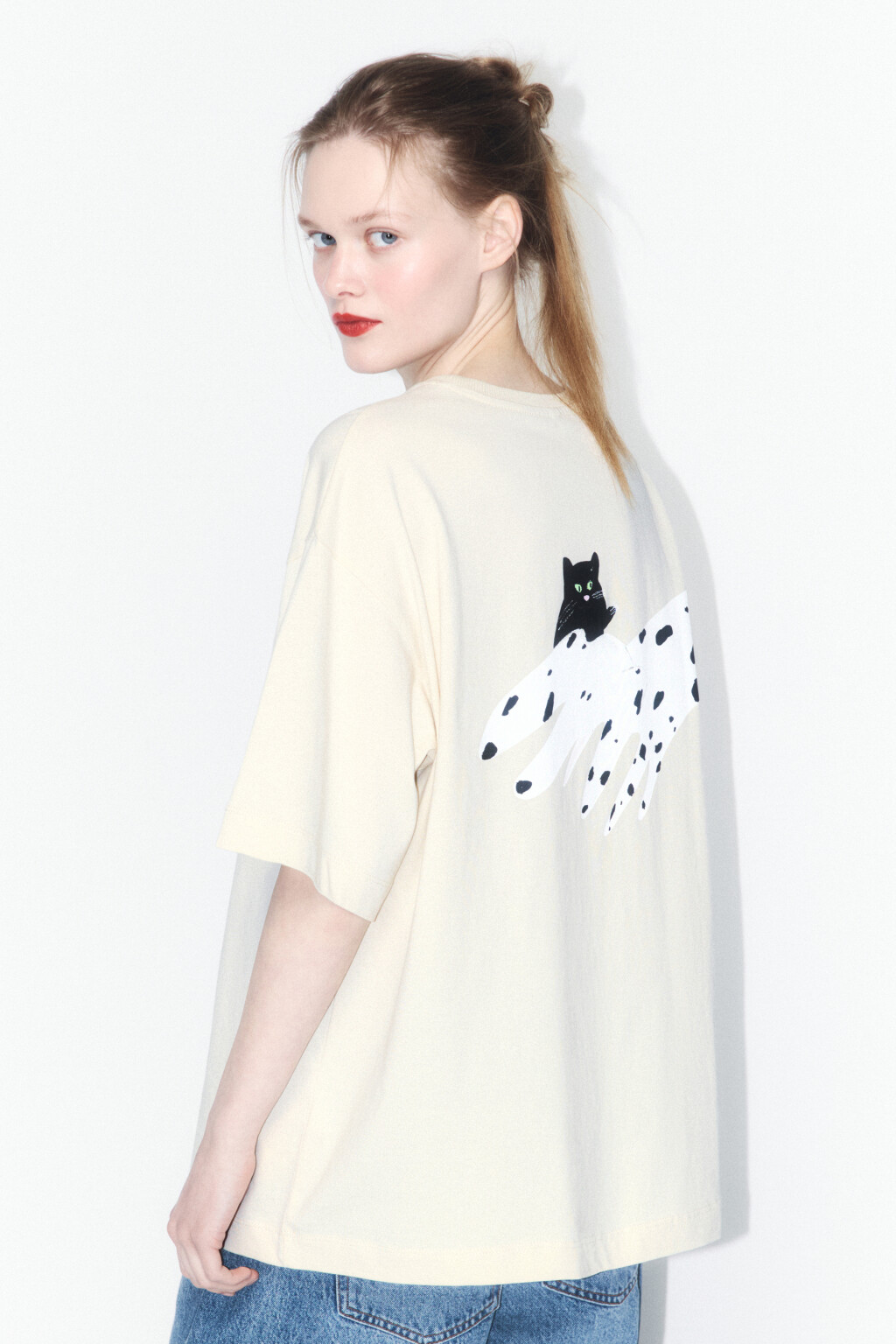 Футболка свободная хлопковая с принтом - цвет бежевый - 3