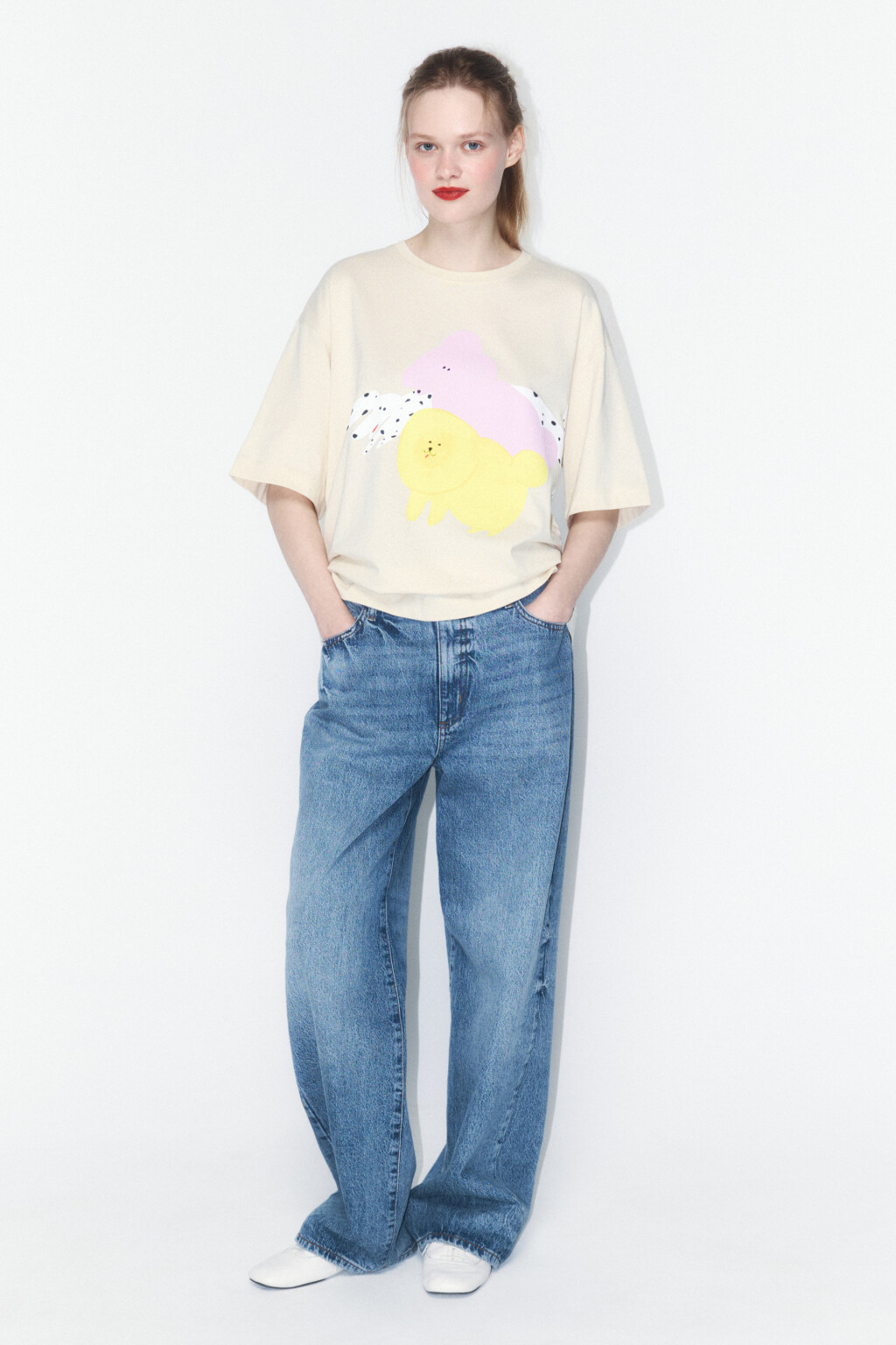 Футболка свободная хлопковая с принтом - цвет бежевый - 4