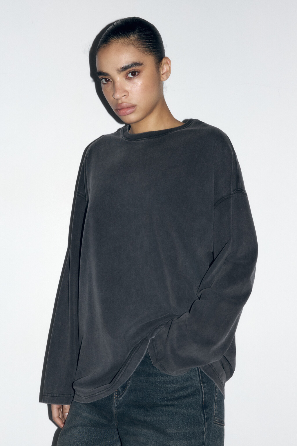 Лонгслив удлиненный с вареным эффектом - цвет серый - 3
