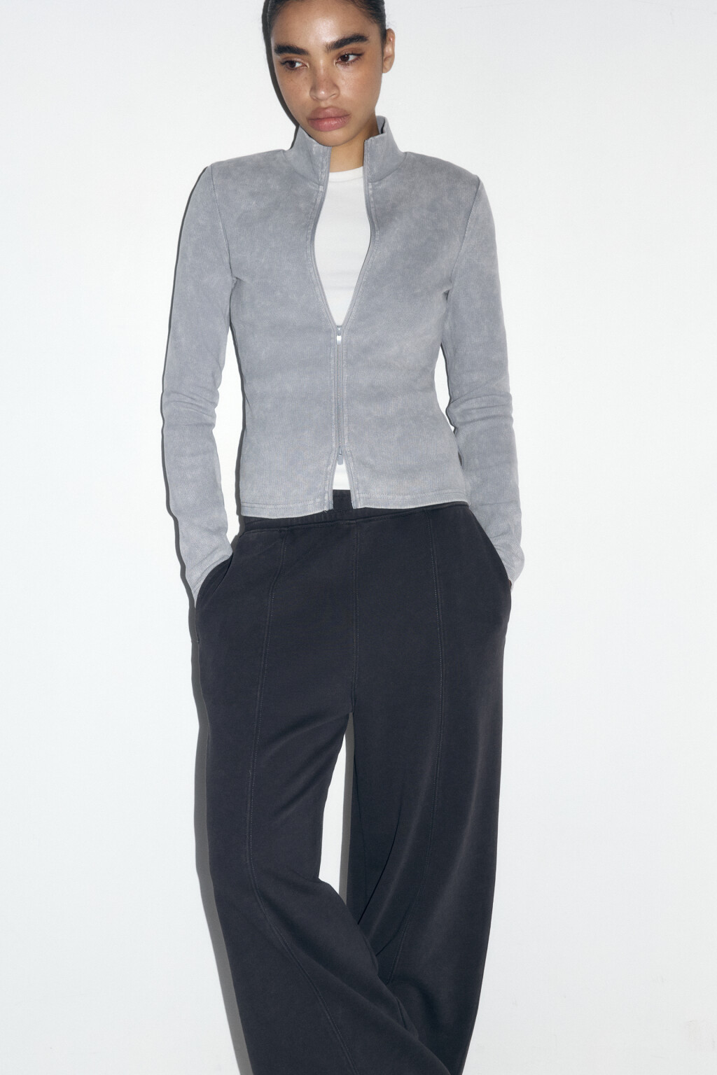 Лонгслив на молнии с воротником-стойкой - цвет серый - 2