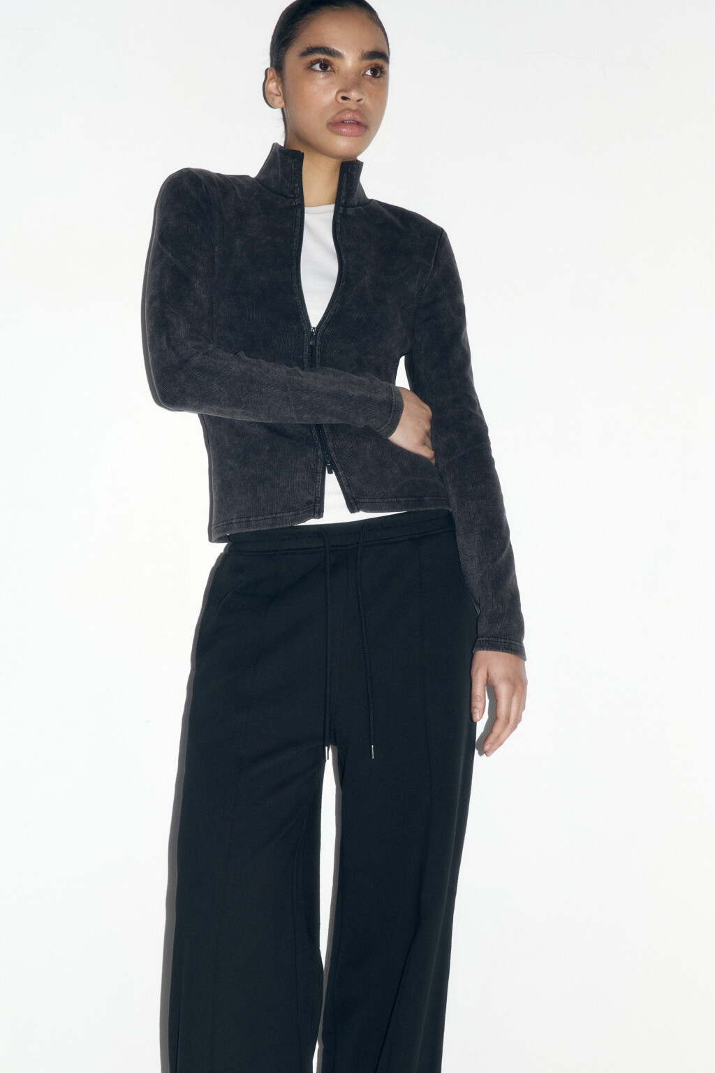 Лонгслив на молнии с воротником-стойкой - цвет серый - 1