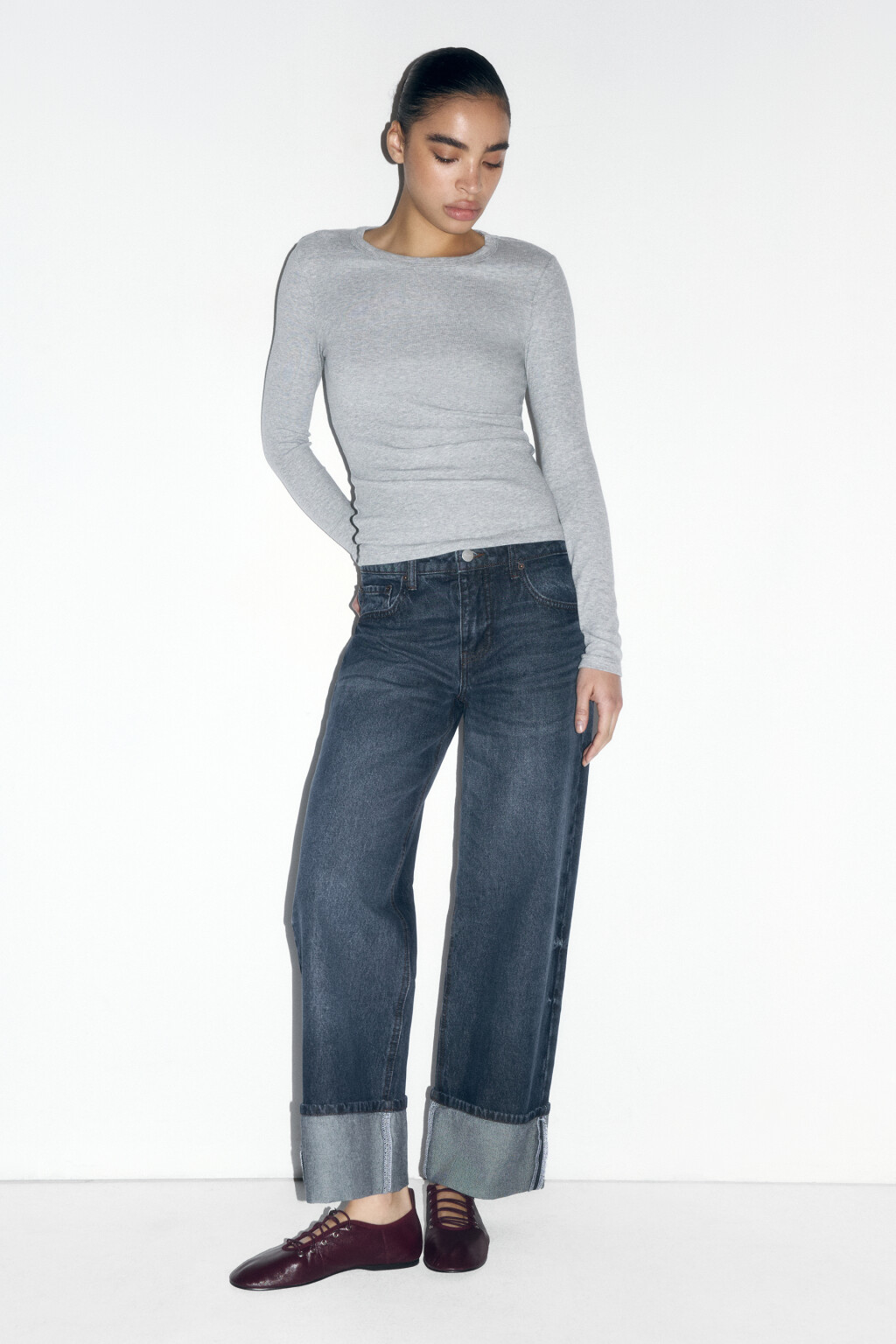 Лонгслив базовый трикотажный в рубчик - цвет серый - 5