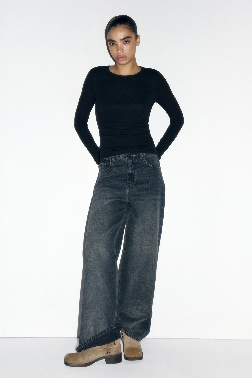 Лонгслив базовый трикотажный в рубчик - цвет черный - 5