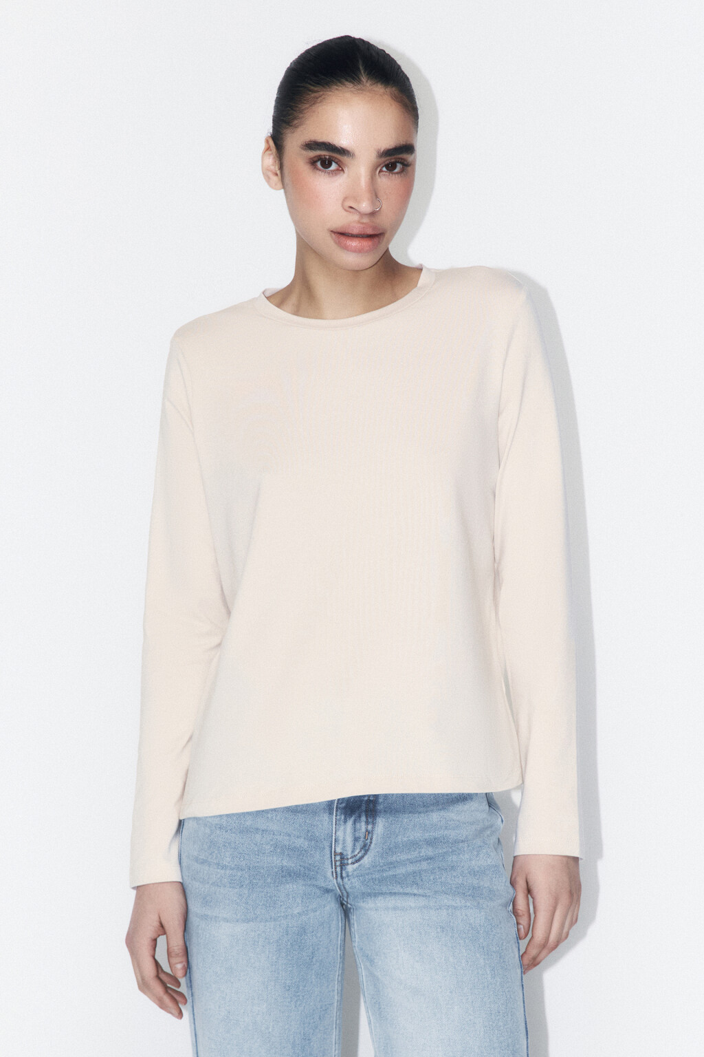 Лонгслив базовый из хлопкового трикотажа - цвет бежевый - 2