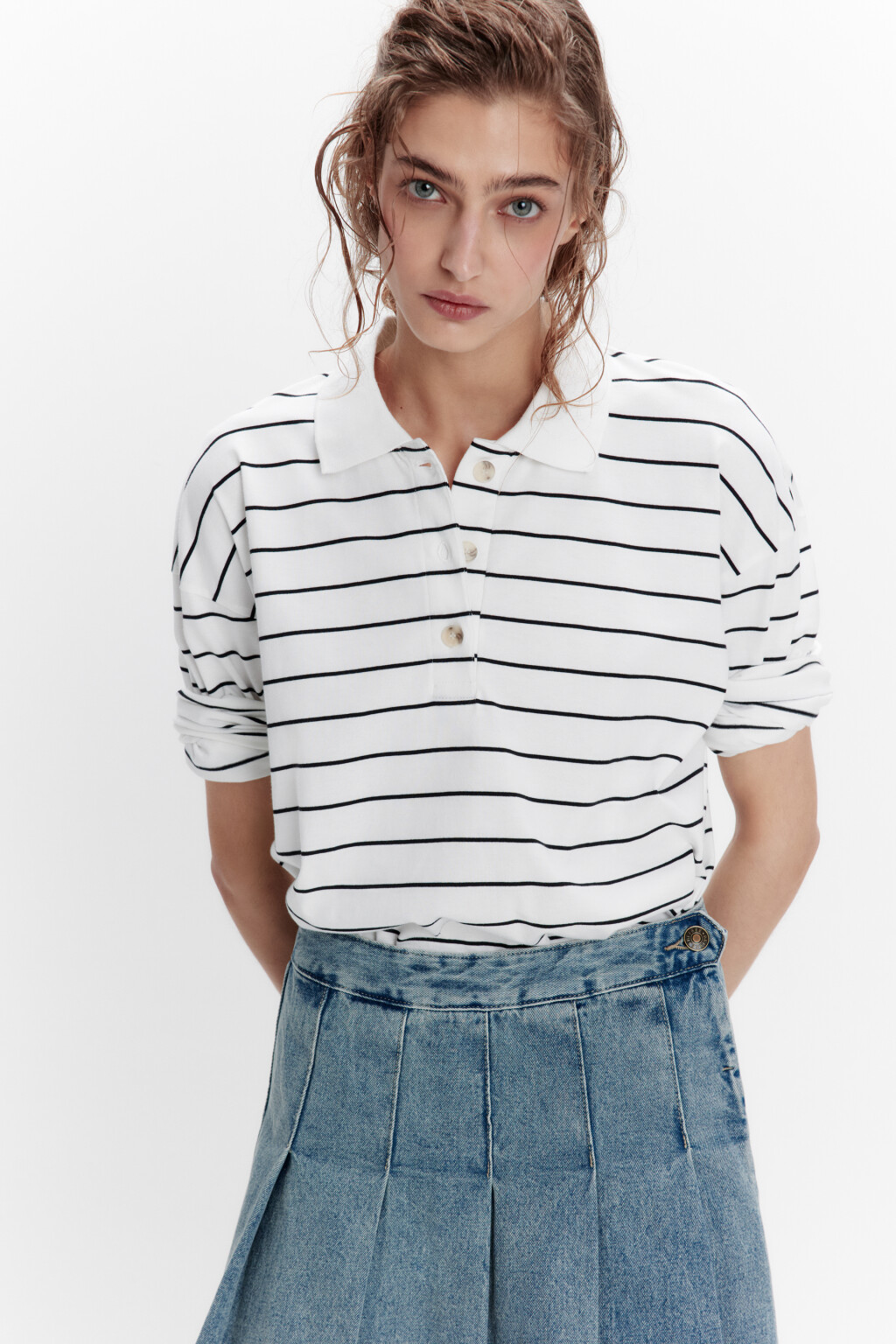 Лонгслив-поло свободный хлопковый в полоску - цвет черный - 1