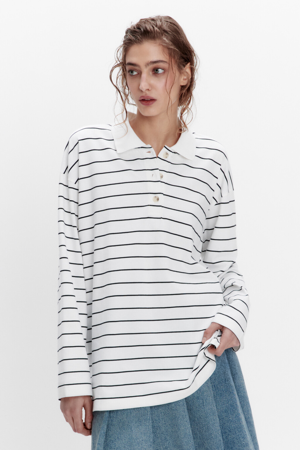 Лонгслив-поло свободный хлопковый в полоску - цвет черный - 2