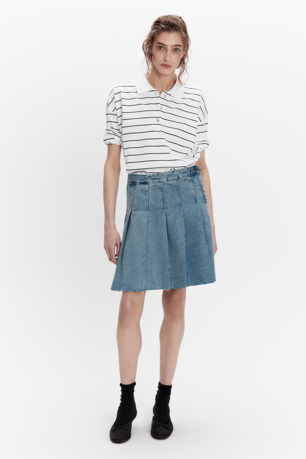 Лонгслив-поло свободный хлопковый в полоску - цвет черный - 4