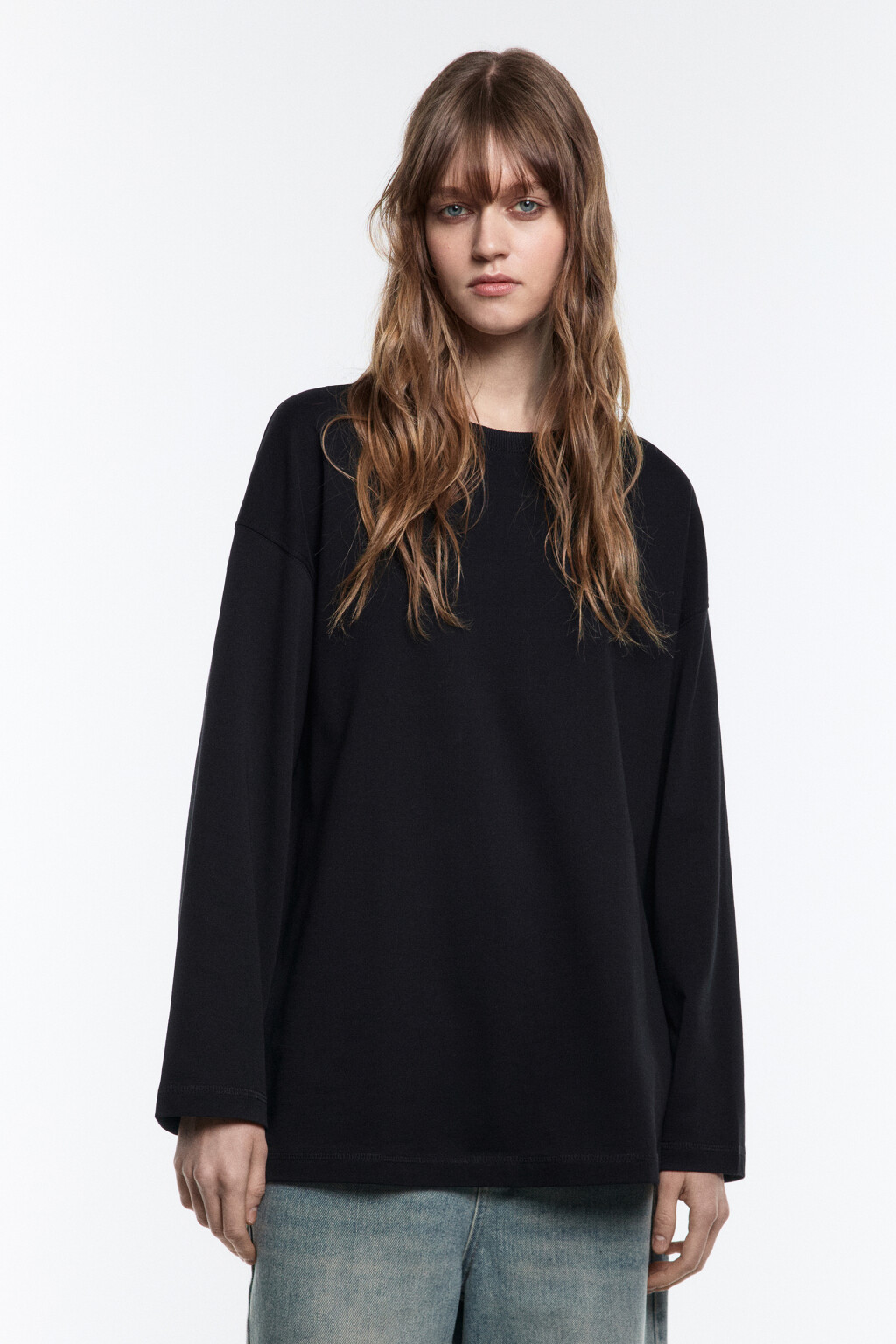 Лонгслив удлиненный трикотажный из хлопка - цвет черный - 2