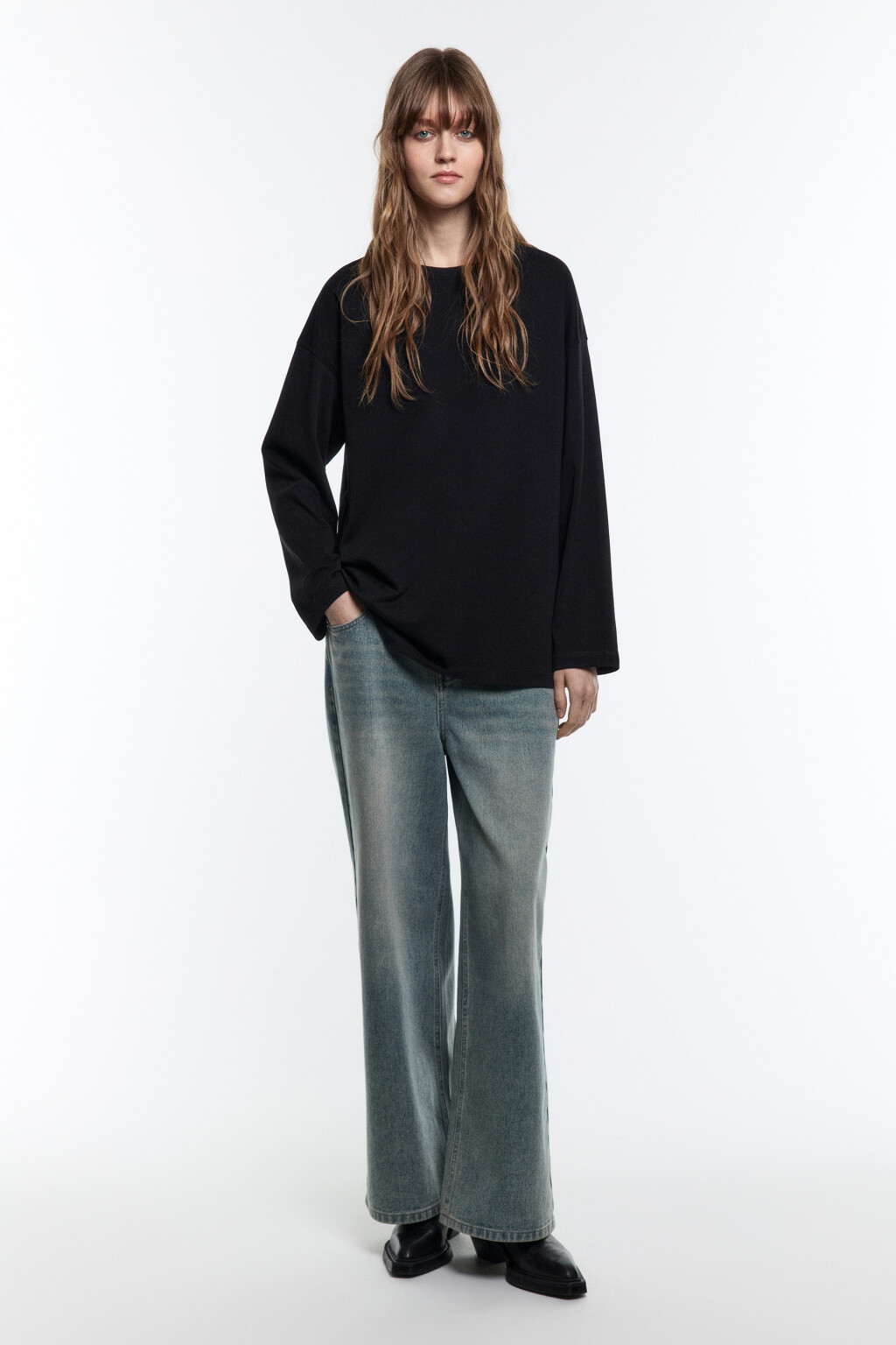 Лонгслив удлиненный трикотажный из хлопка - цвет черный - 4
