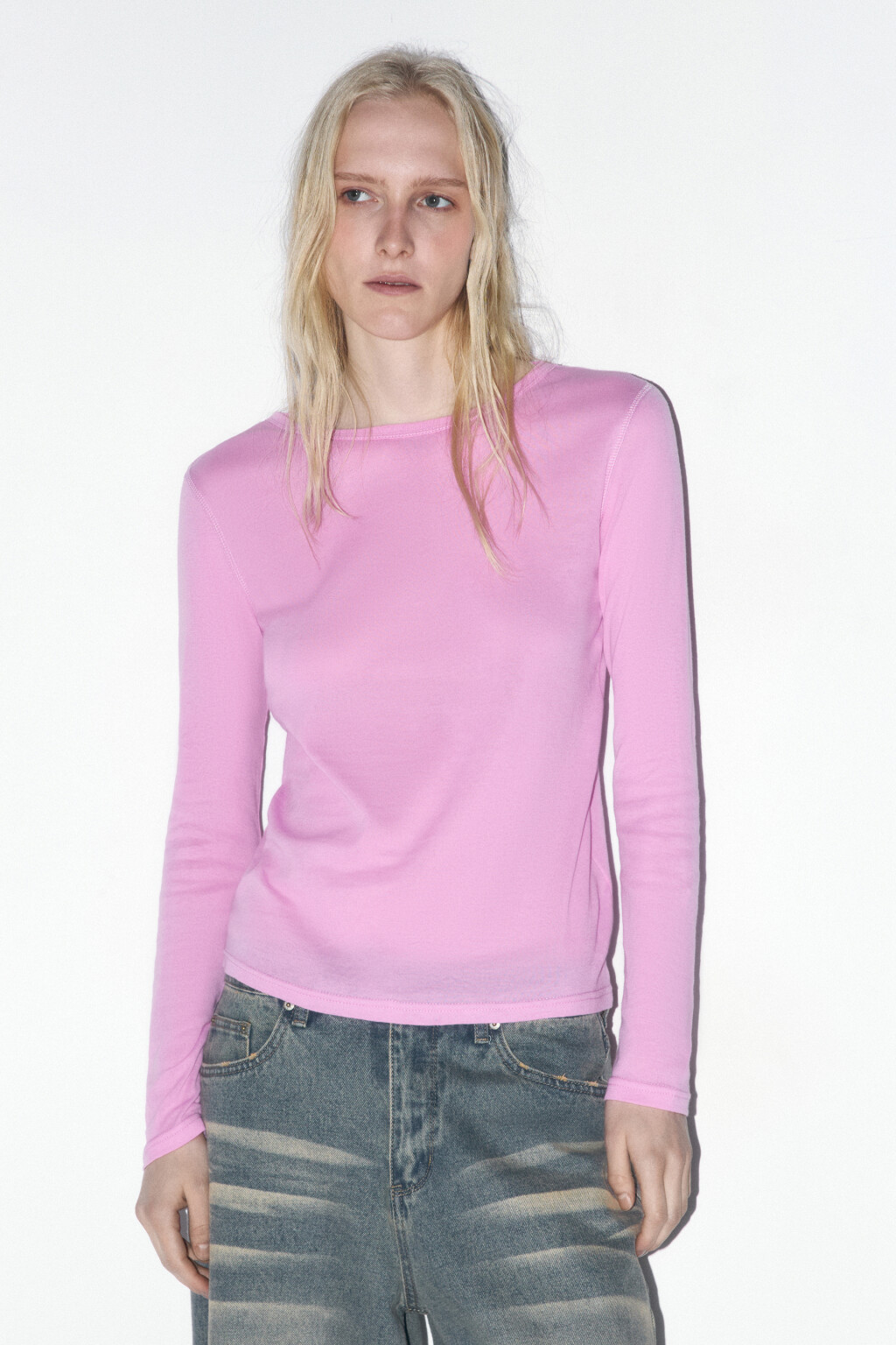 Лонгслив из тонкого хлопкового трикотажа - цвет розовый - 2