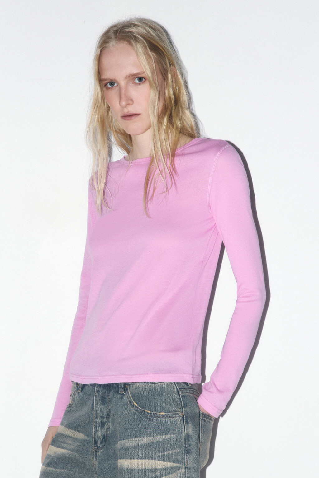 Лонгслив из тонкого хлопкового трикотажа - цвет розовый - 3