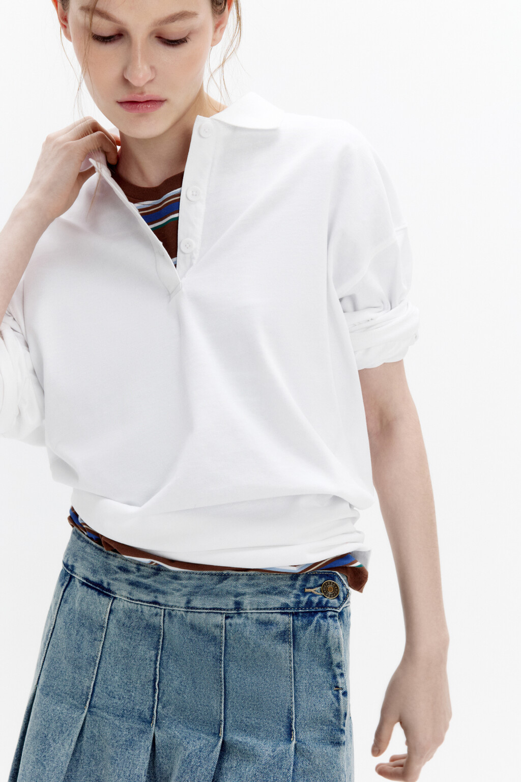 Лонгслив свободный хлопковый с воротником-поло - цвет белый - 5