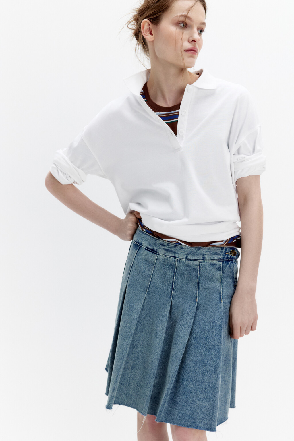 Лонгслив свободный хлопковый с воротником-поло - цвет белый - 2