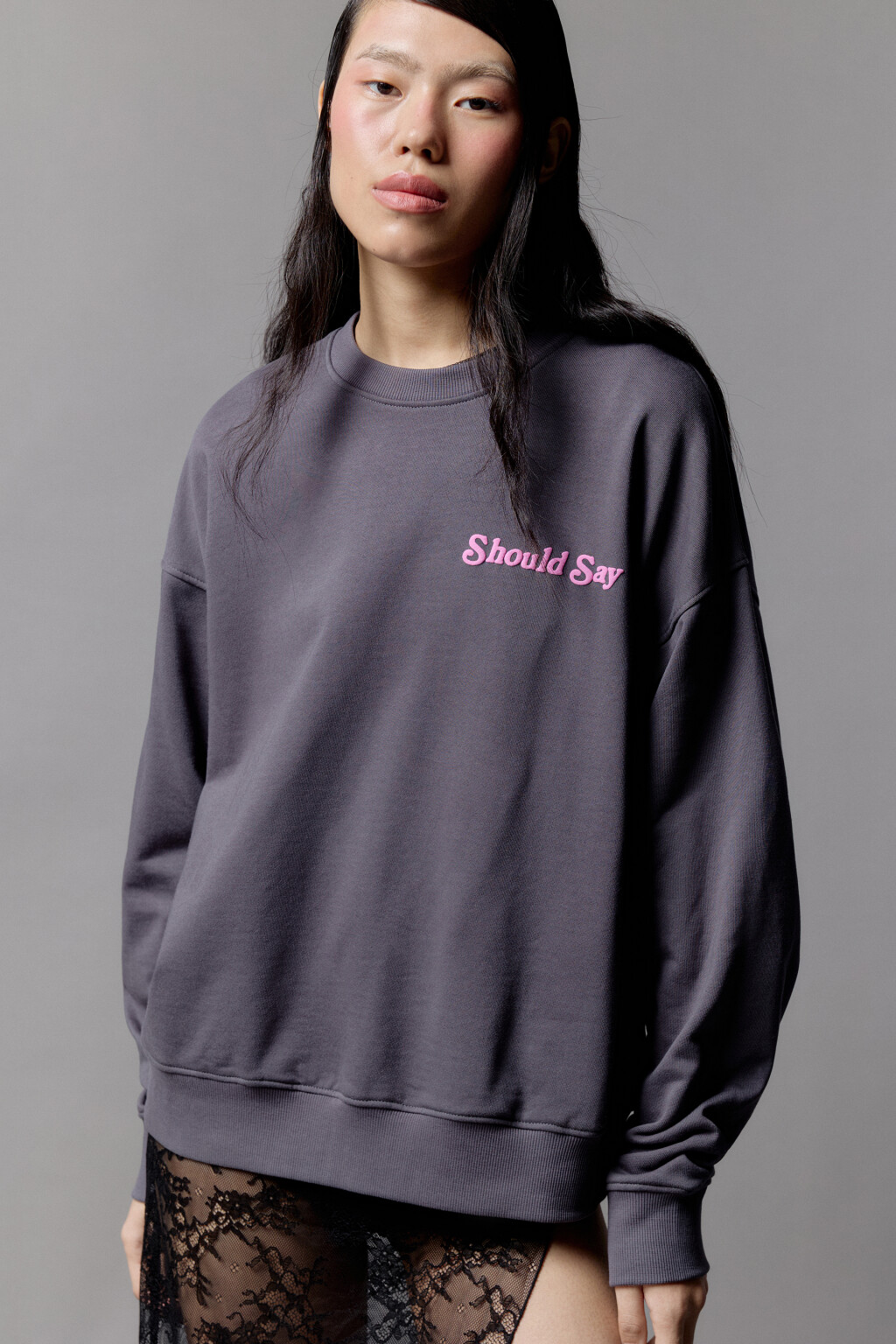 Свитшот из футера свободный с принтом - цвет серый - 1