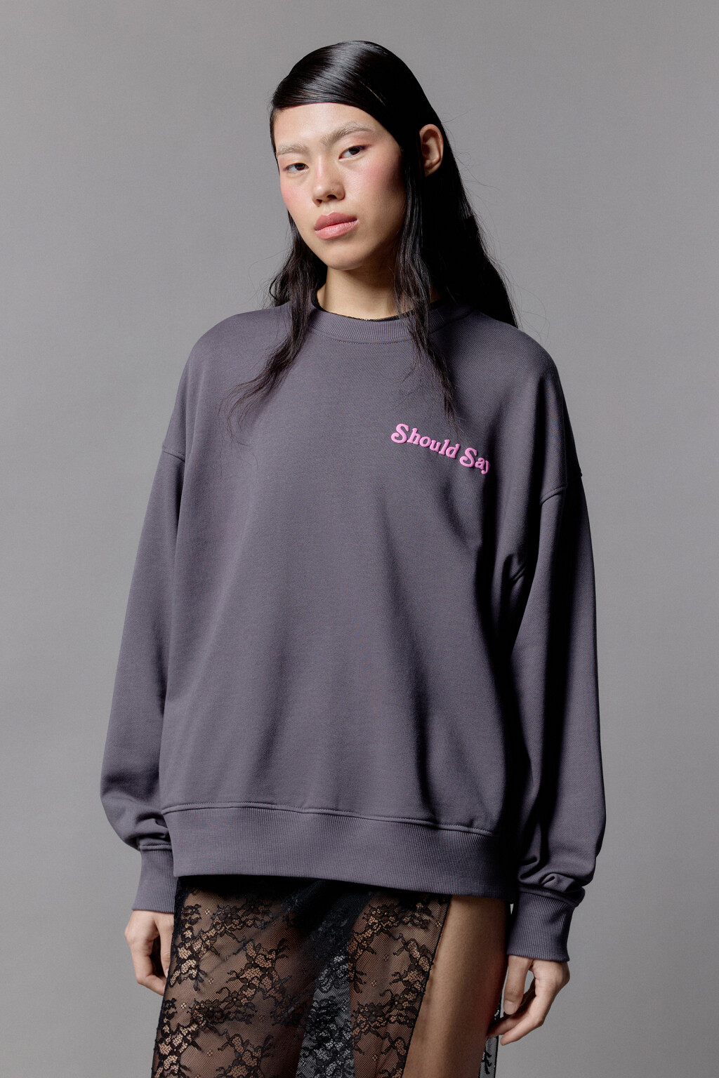 Свитшот из футера свободный с принтом - цвет серый - 3