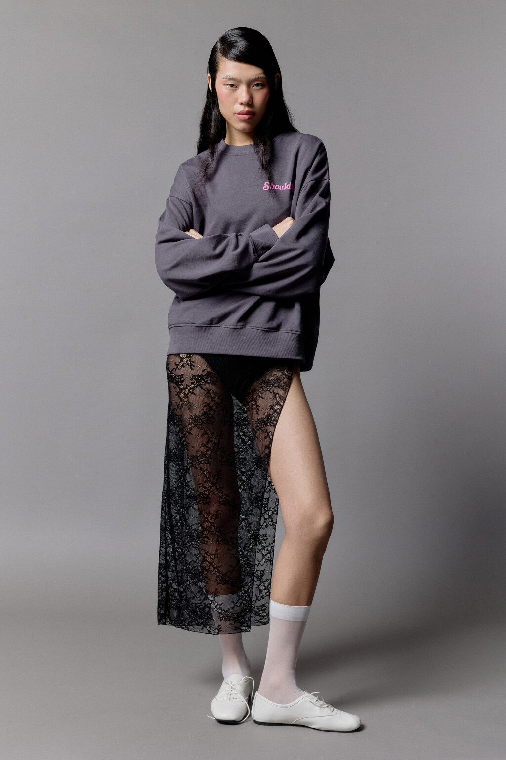 Свитшот из футера свободный с принтом - цвет серый - 6