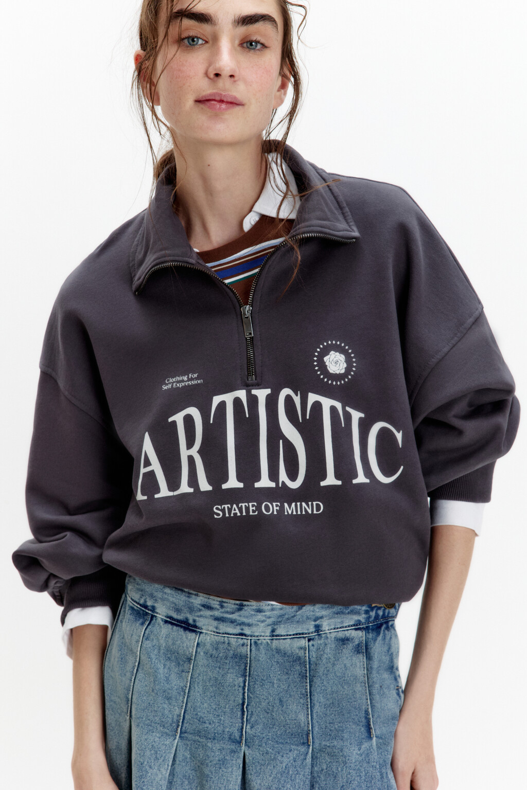 Толстовка half zip из футера с надписью - цвет серый - 1