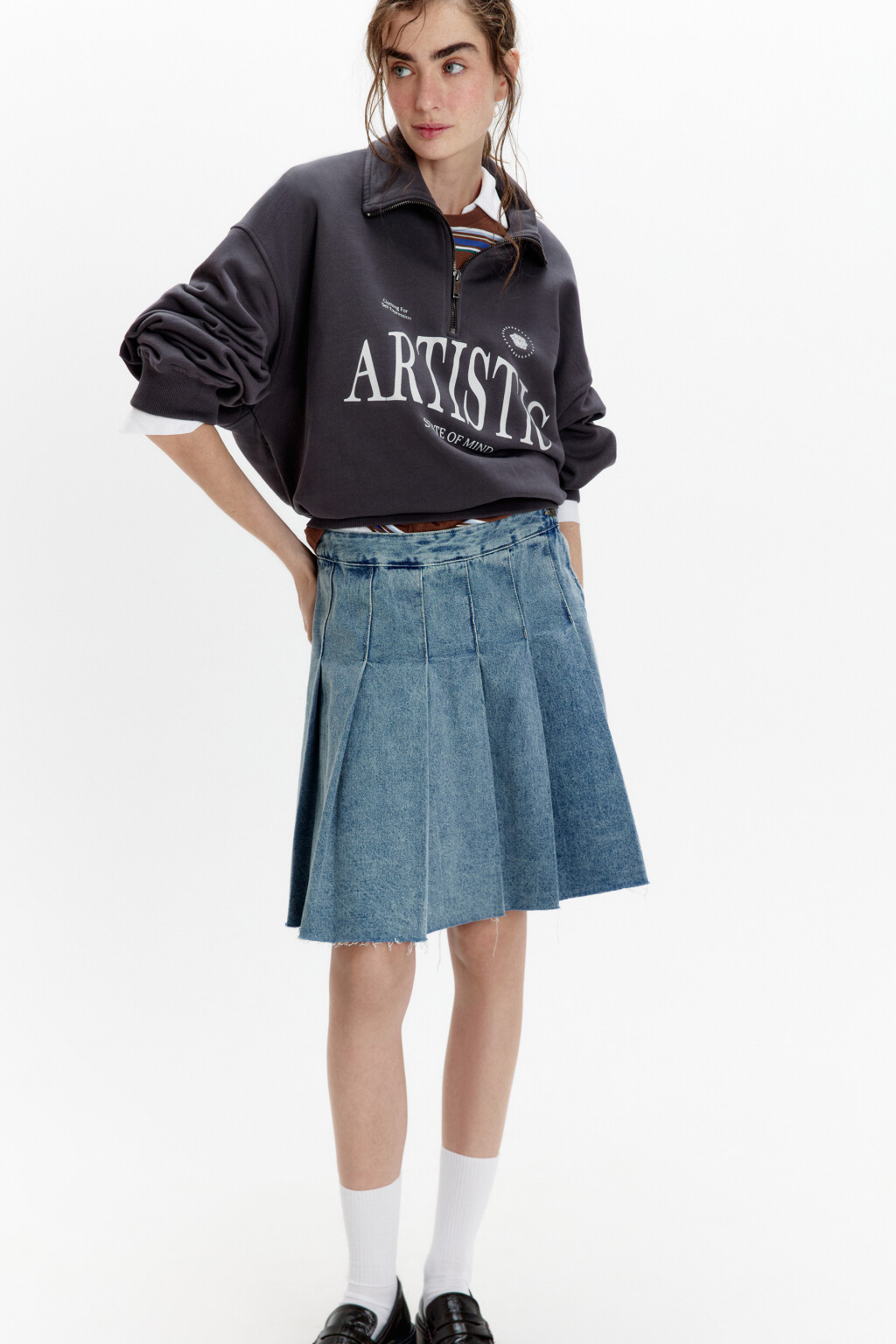 Толстовка half zip из футера с надписью - цвет серый - 2