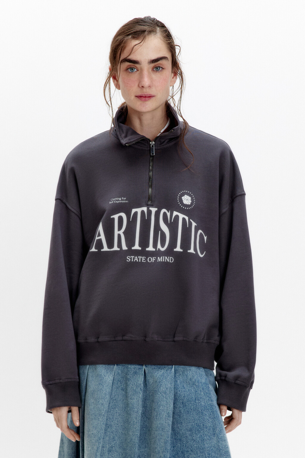 Толстовка half zip из футера с надписью - цвет серый - 4