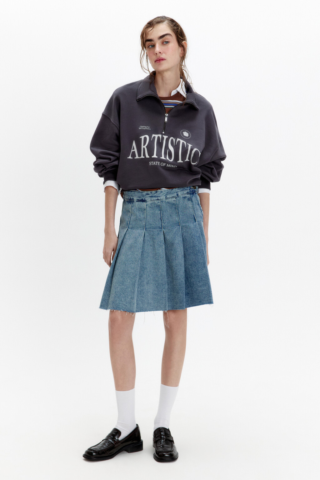 Толстовка half zip из футера с надписью - цвет серый - 6