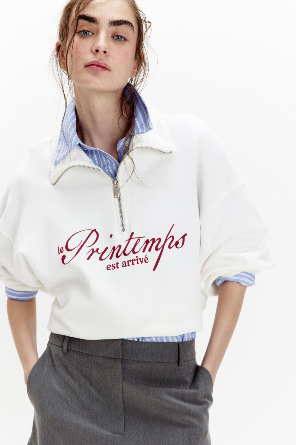 Толстовка half zip из футера с надписью - цвет белый - 7