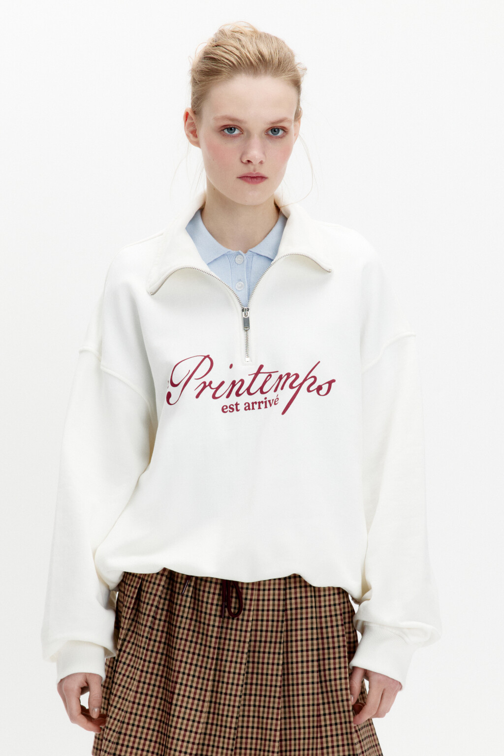 Толстовка half zip из футера с надписью - цвет белый - 2