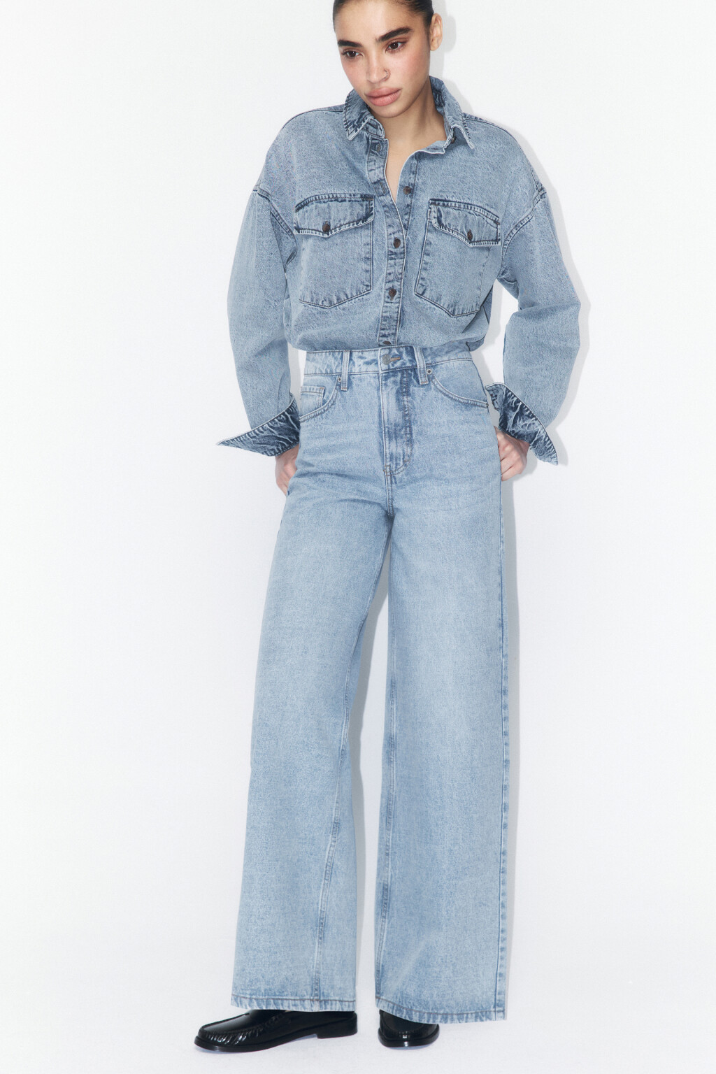 Джинсы wide leg широкие с высокой посадкой - цвет голубой - 1